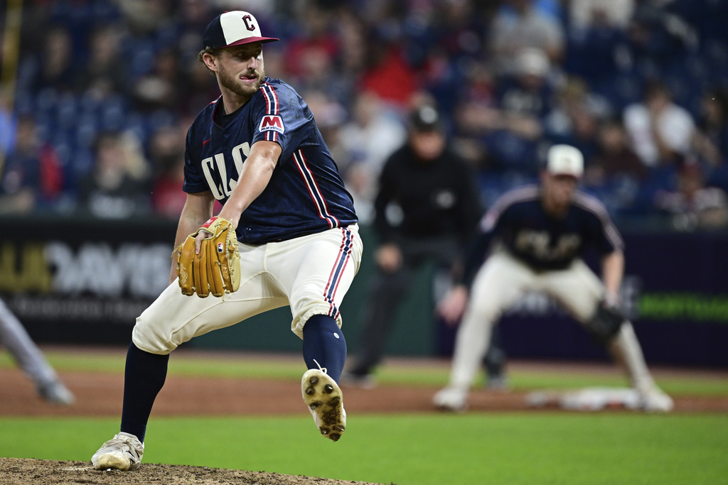Cleveland Guardians starting pitcher Tanner Bibee delivers during the ninth inning of a baseball game against the Chicago White Sox, Friday, Sept. 12, 2025, in Cleveland. (AP Photo/David Dermer)