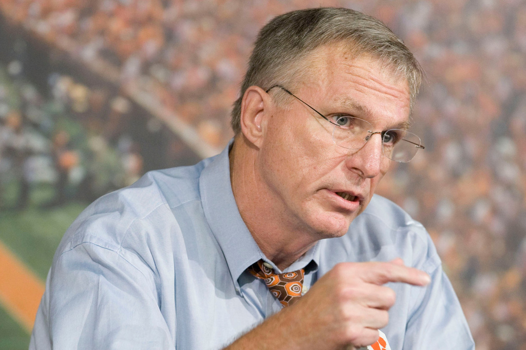 FILE - Clemson University athletic director Terry Don Phillips answers questions about Tommy Bowden's departure from the head football coaching position at Clemson during a news conference in Clemson, S.C., Oct. 13, 2008. (AP Photo/Patrick Collard, File)