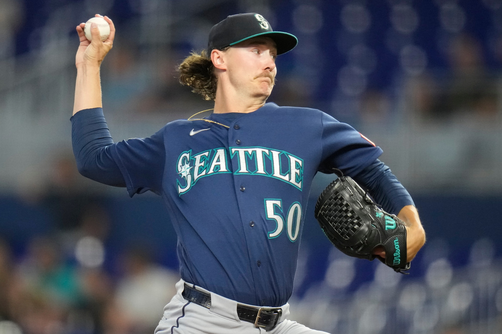 Seattle Mariners starting pitcher Bryce Miller (50) throws during the first inning of a baseball game against the Miami Marlins, Thursday, July 9, 2026, in Miami. (AP Photo/Lynne Sladky)