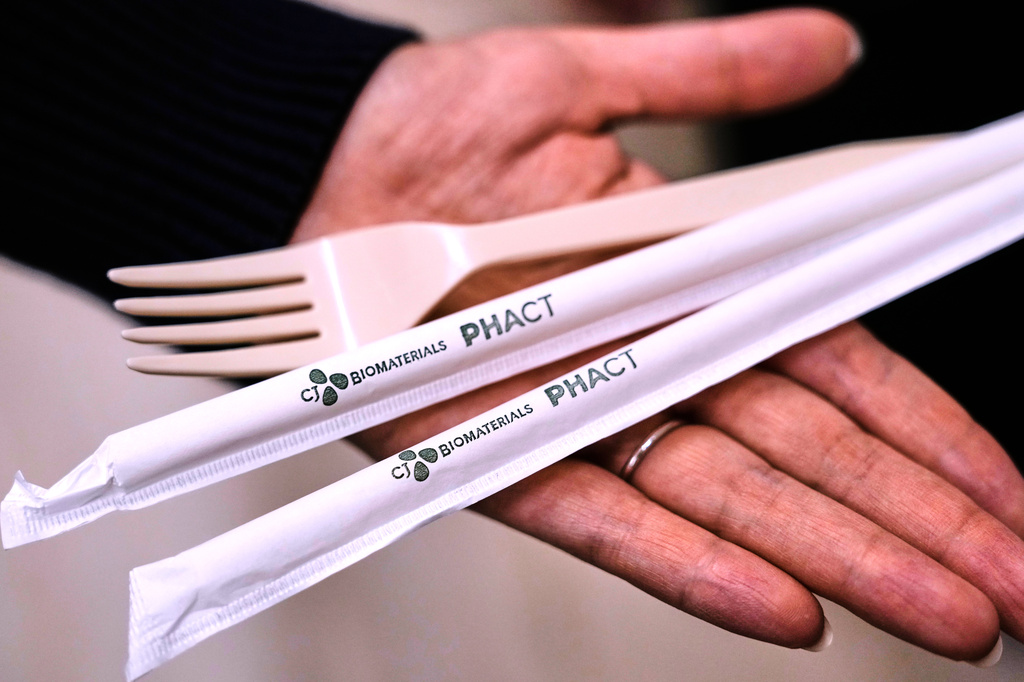 Compostable straws and a fork, which were made from plastic made from plants, are displayed at CJ Biomaterials, Monday, Aug. 3, 2026, in Woburn, Mass. (AP Photo/Charles Krupa)