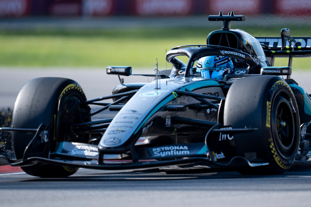 Mercedes driver George Russell of Britain, during the qualifying session for the sprint race at the F1 Canadian Grand Prix auto race in Montreal, Friday, May 22, 2026. (Christopher Katsarov/The Canadian Press via AP)