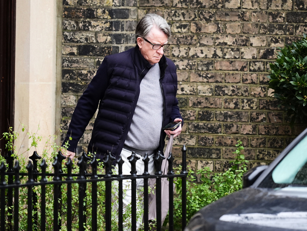 Peter Mandelson is seen outside his home in north west London, Saturday, Feb. 21, 2026. (James Manning/PA via AP)