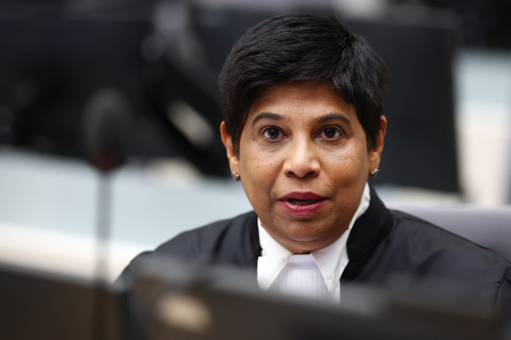 Deputy Prosecutor Nazhat Shameem Khan attends a hearing at the International Criminal Court (ICC) in The Hague, Netherlands, Monday, Oct. 6, 2025. (Piroschka van de Wouw/Pool Photo via AP)