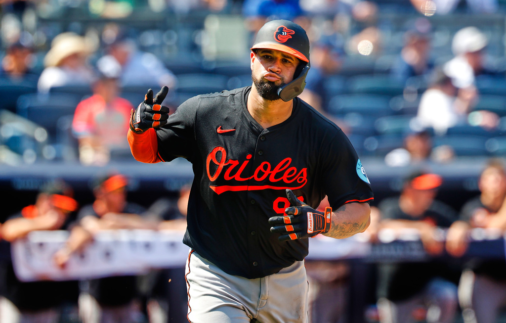 FILE - Baltimore Orioles' Gary S&aacute;nchez reacts after hitting a single during the eighth inning of a baseball game against the New York Yankees, Saturday, June 21, 2025, in New York. (AP Photo/Noah K. Murray, File)