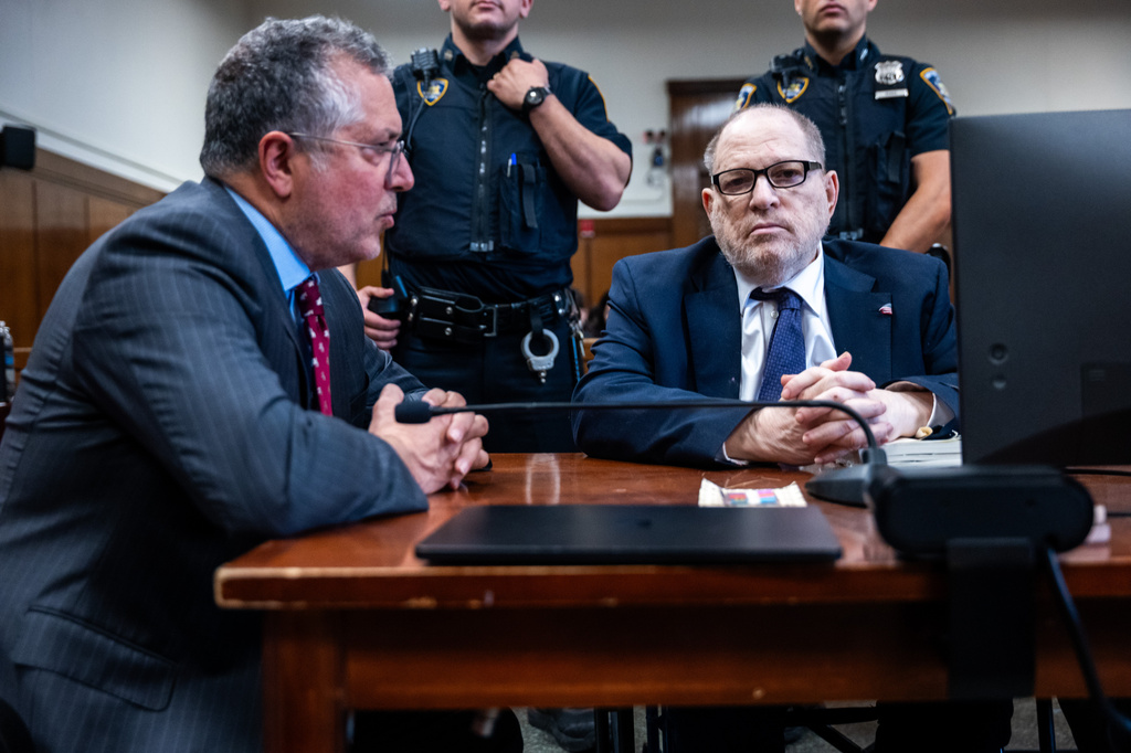 Harvey Weinstein appears with attorney Marc Agnifilo in Manhattan criminal court, Thursday, May 14, 2026, in New York. (Spencer Platt/Pool Photo via AP)