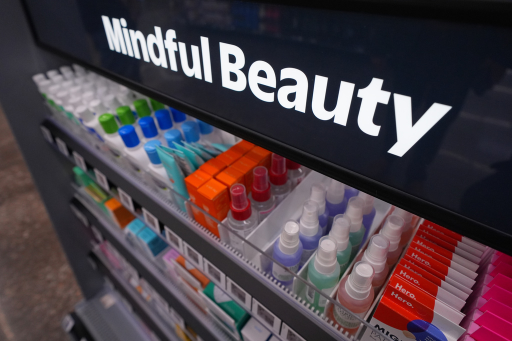 Items are displayed at Walmart's beauty counter, Wednesday, April 29, 2026, in Grapevine, Texas. (AP Photo/Julio Cortez)