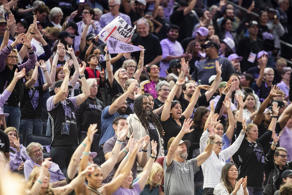 Basketball fans cheer during the second half of a WNBA basketball game between the Golden State Valkyries and the Minnesota Lynx in San Francisco, Saturday, Sept. 6, 2025. (Stephen Lam/San Francisco Chronicle via AP)