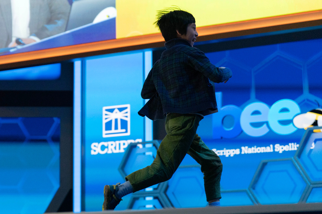 Zachary Teoh, 9, of Houston, Texas runs to his seat after spelling correctly his word during the semifinals of the Scripps National Spelling Bee at DAR Constitution Hall, Wednesday, May 27, 2026, in Washington. (AP Photo/Jose Luis Magana)