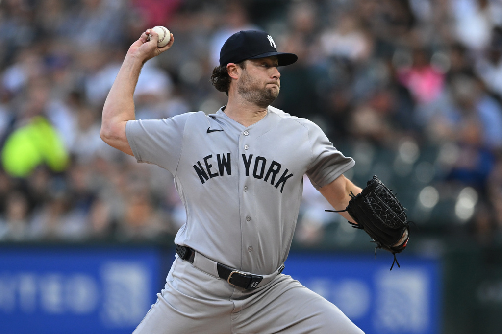 New York Yankees starter Gerrit Cole delivers a pitch during the first inning of a baseball game against the Chicago White Sox in Chicago, Tuesday, July 28, 2026. (AP Photo/Paul Beaty)