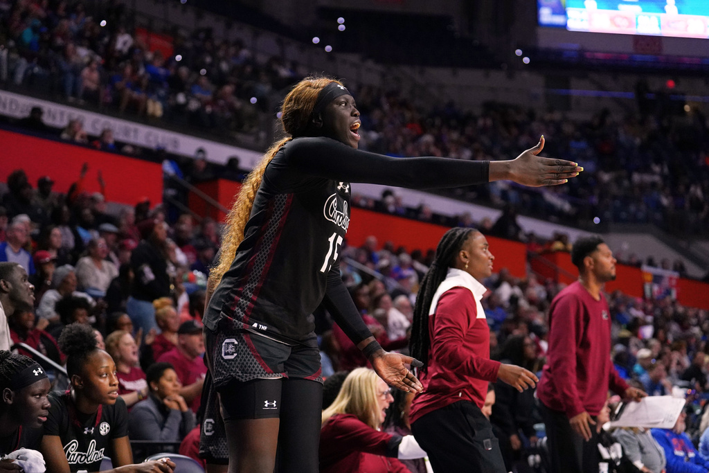 South Carolina forward Adhel Tac shows her frustration towards refs for not calling foul on Florida during the first half of an NCAA college basketball game Sunday, Jan. 4, 2026, in Gainesville, Fla. (AP Photo/Morgan Hurd)