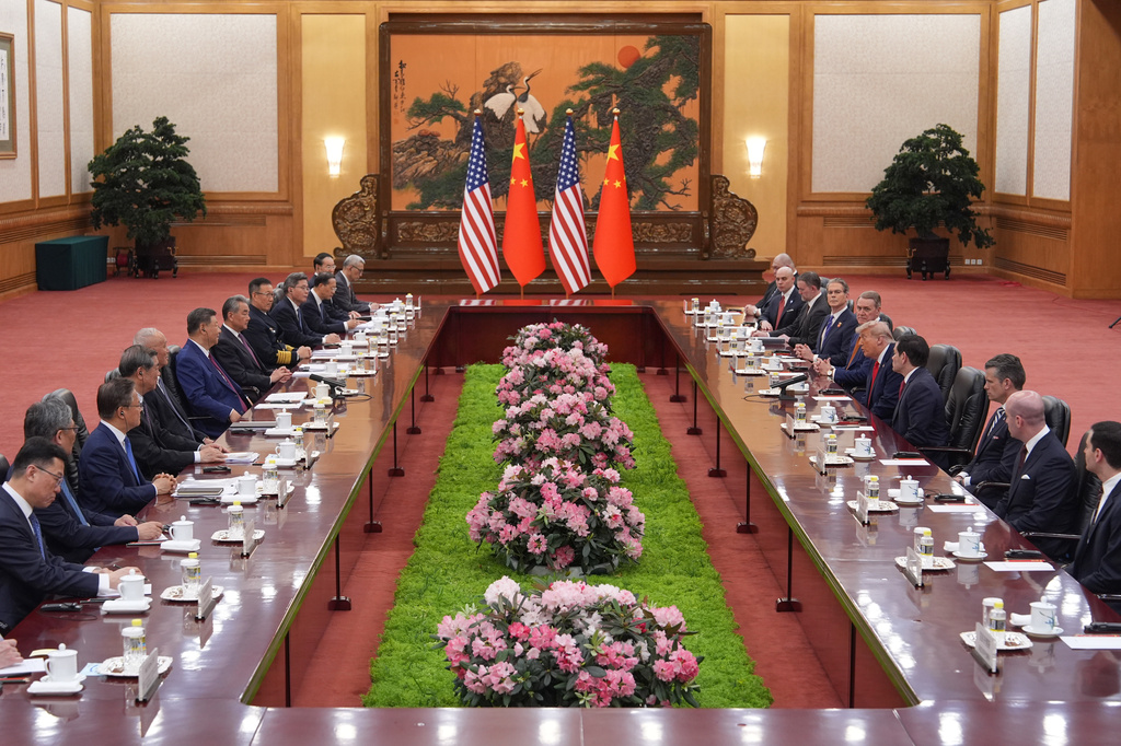 President Donald Trump meets with China's President Xi Jinping at the Great Hall of the People, Thursday, May 14, 2026, in Beijing. (AP Photo/Mark Schiefelbein)