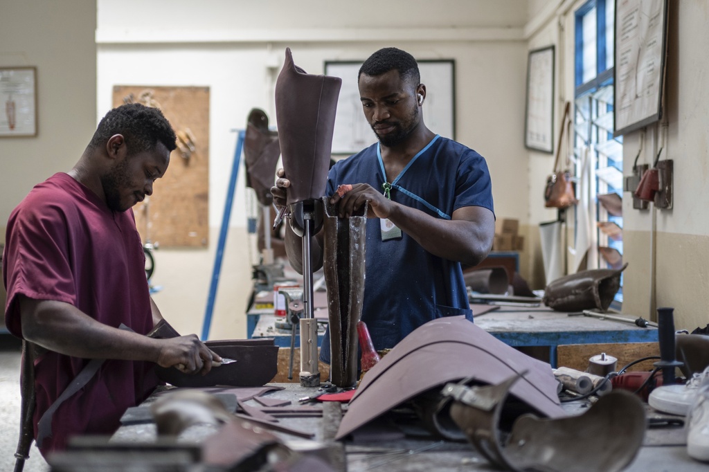 Protectics are manufactured by hand at an orthopedic center run by the Catholic church and supported by Red Cross in Goma, eastern Congo, Friday, Aug. 29, 2025. (AP Photo/Moses Sawasawa)