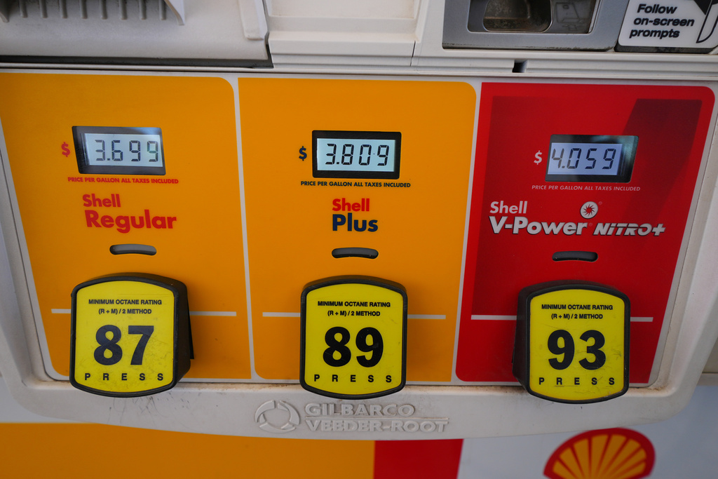 A fuel pump displays prices at a Shell gas station Tuesday, March 17, 2026, in Arlington, Texas. (AP Photo/Julio Cortez)
