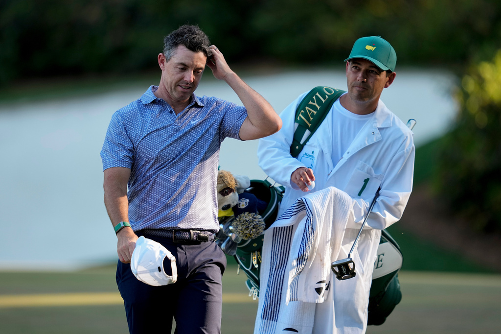 Rory McIlroy, of Northern Ireland, walks to the tee on the 14th hole during the third round of the Masters golf tournament at the Augusta National Golf Club, Saturday, April 11, 2026, in Augusta, Ga. (AP Photo/Ashley Landis)