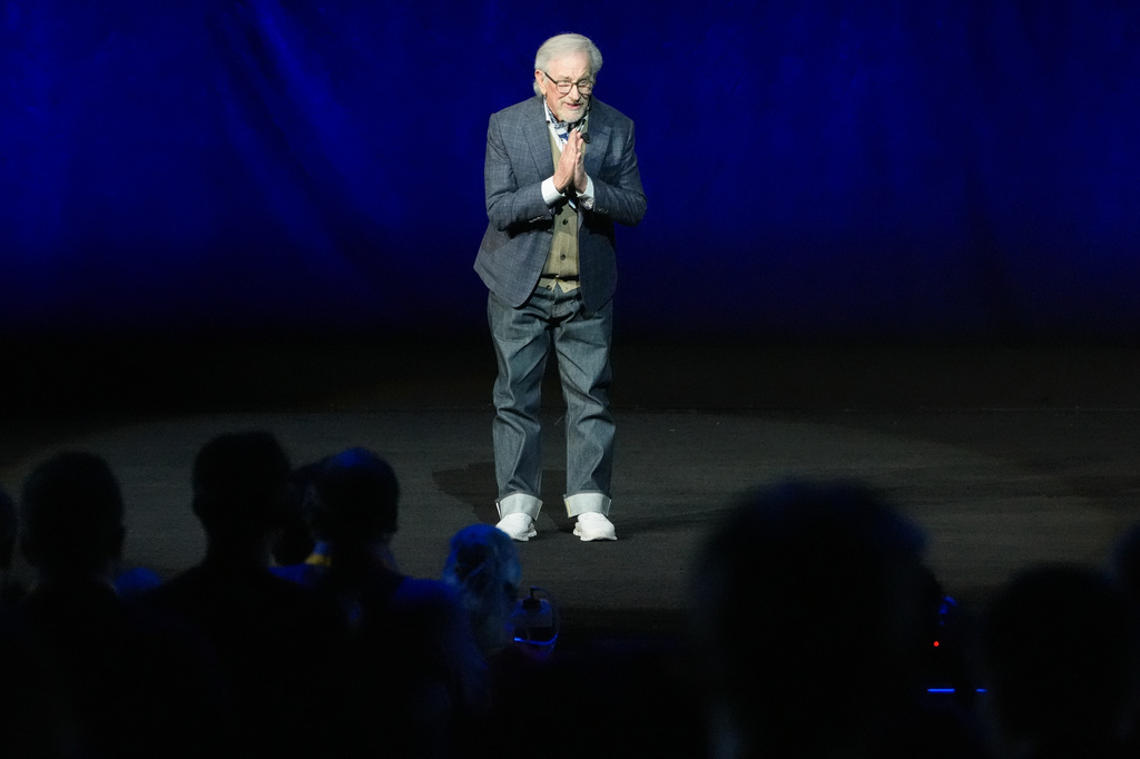 Steven Spielberg, director of the upcoming film "Disclosure Day," speaks during the Universal Pictures and Focus Features presentation at CinemaCon on Wednesday, April 15, 2026, at Caesars Palace in Las Vegas. (AP Photo/Chris Pizzello)