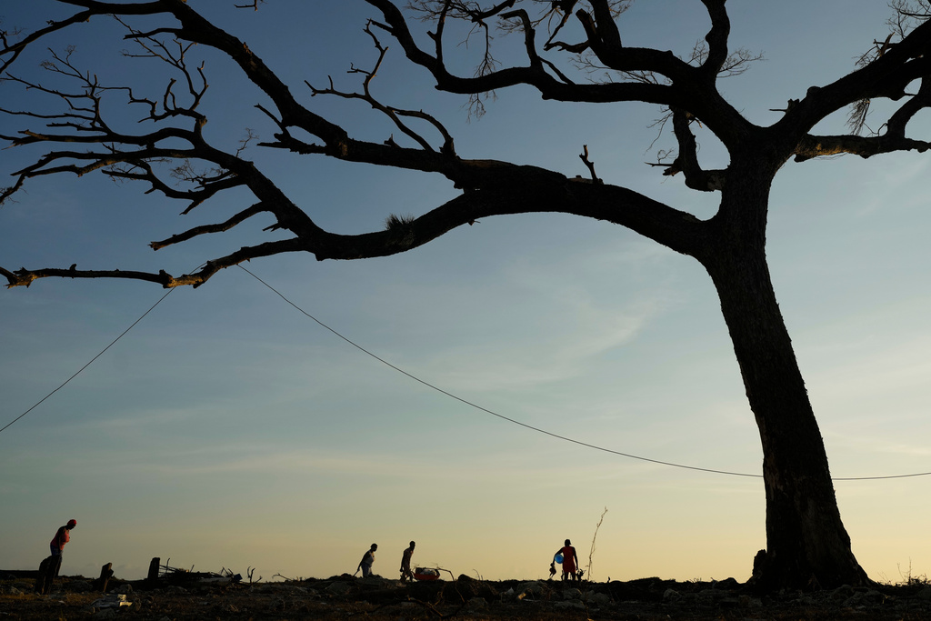 People walk under a tree in Black River, Jamaica, Thursday, Oct. 30, 2025, in the aftermath of Hurricane Melissa. (AP Photo/Matias Delacroix)