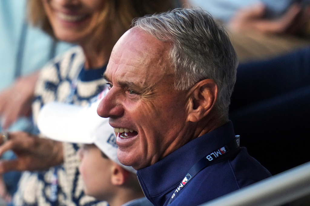 Baseball Commissioner Rob Manfred attends the Little League Classic baseball game between the Milwaukee Brewers and the Atlanta Braves in Williamsport, Pa., Sunday, Aug. 23, 2026. (AP Photo/Gene J. Puskar)