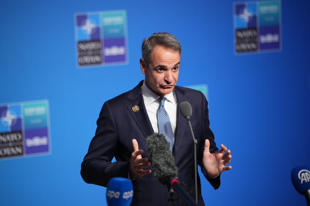 Greece's Prime Minister Kyriakos Mitsotakis speaks as he arrives for the NATO summit in Ankara, Turkey, Wednesday, July 8, 2026. (AP Photo/Emrah Gurel)