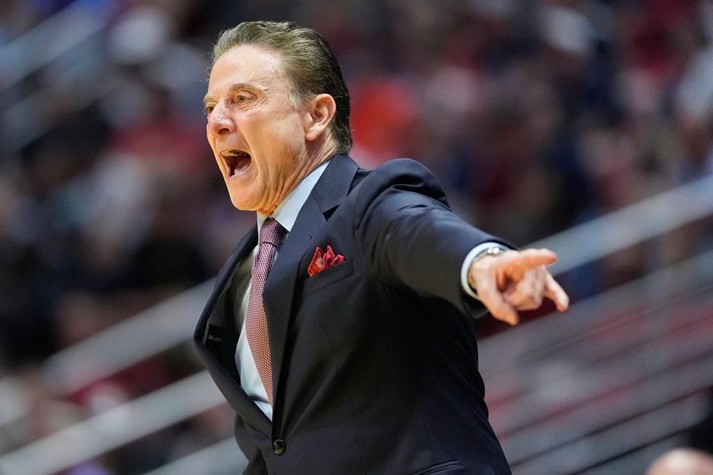 St. John's head coach Rick Pitino gestures during the first half in the first round of the NCAA college basketball tournament game against Northern Iowa Friday, March 20, 2026, in San Diego. (AP Photo/Mark J. Terrill)