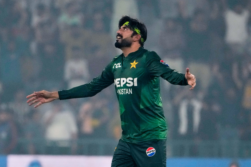 Pakistan's Usman Tariq celebrates after takin the wicket of South Africa's Reeza Hendricks during the third T20 cricket match between Pakistan and South Africa, in Lahore, Pakistan, Saturday, Nov. 1, 2025. (AP Photo/K.M. Chaudary)