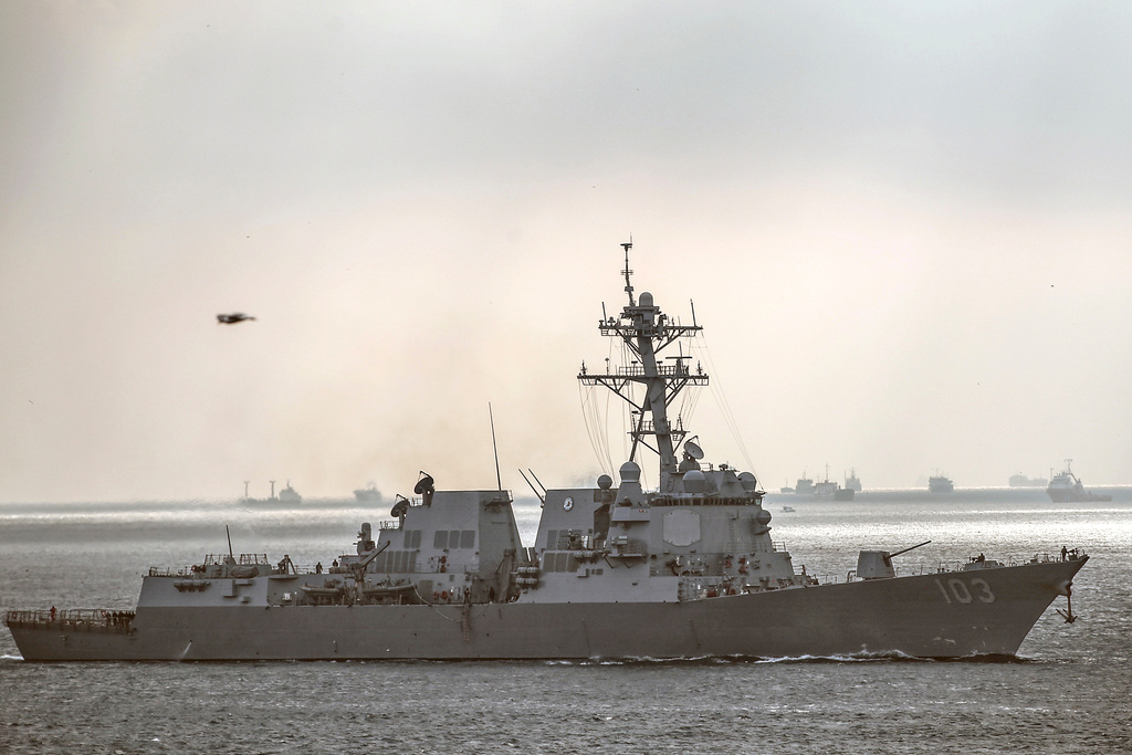 FILE - U.S. warship the USS Truxtun sails in Bosporus Strait en route to the Black Sea, in Istanbul, Turkey, March 7, 2014. (AP Photo/Emrah Gurel, file)