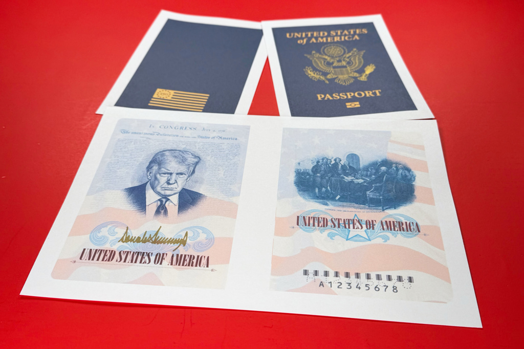 A sample of a limited release of a commemorative U.S. passport that celebrates America's 250th birthday and features a picture of President Donald Trump, is photographed Tuesday, April 28, 2026. (AP Photo/Jon Elswick)