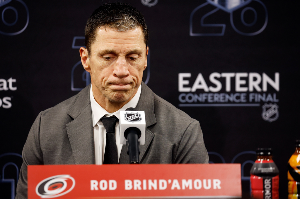 Carolina Hurricanes head coach Rod Brind'Amour speaks to the media following Game 1 of the Eastern Conference finals NHL hockey Stanley Cup playoffs series between the Carolina Hurricanes and the Montréal Canadiens in Raleigh, N.C., Thursday, May 21, 2026. (AP Photo/Karl DeBlaker)