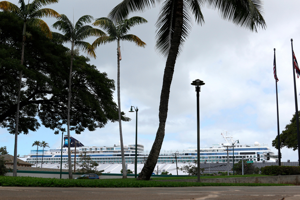FILE - A cruise ship, background, is docked in Honolulu, March 23, 2020. (AP Photo/Caleb Jones, File)