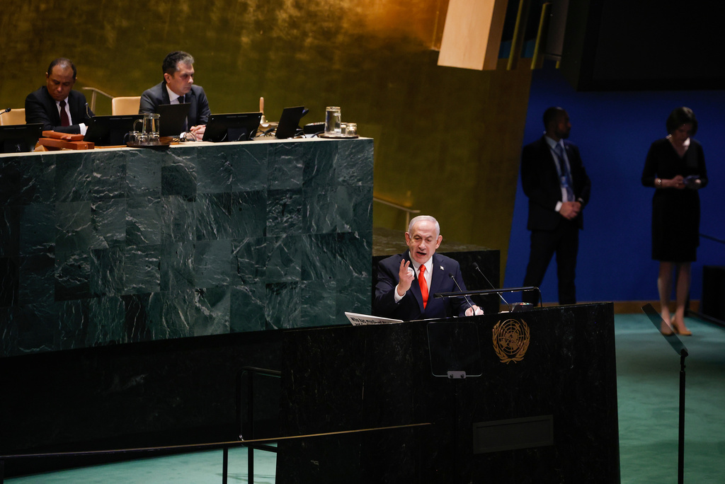 Israeli Prime Minister Benjamin Netanyahu speaks during the 80th session of the United Nations General Assembly, Friday, Sept. 26, 2025, at U.N. headquarters. (AP Photo/Stefan Jeremiah)