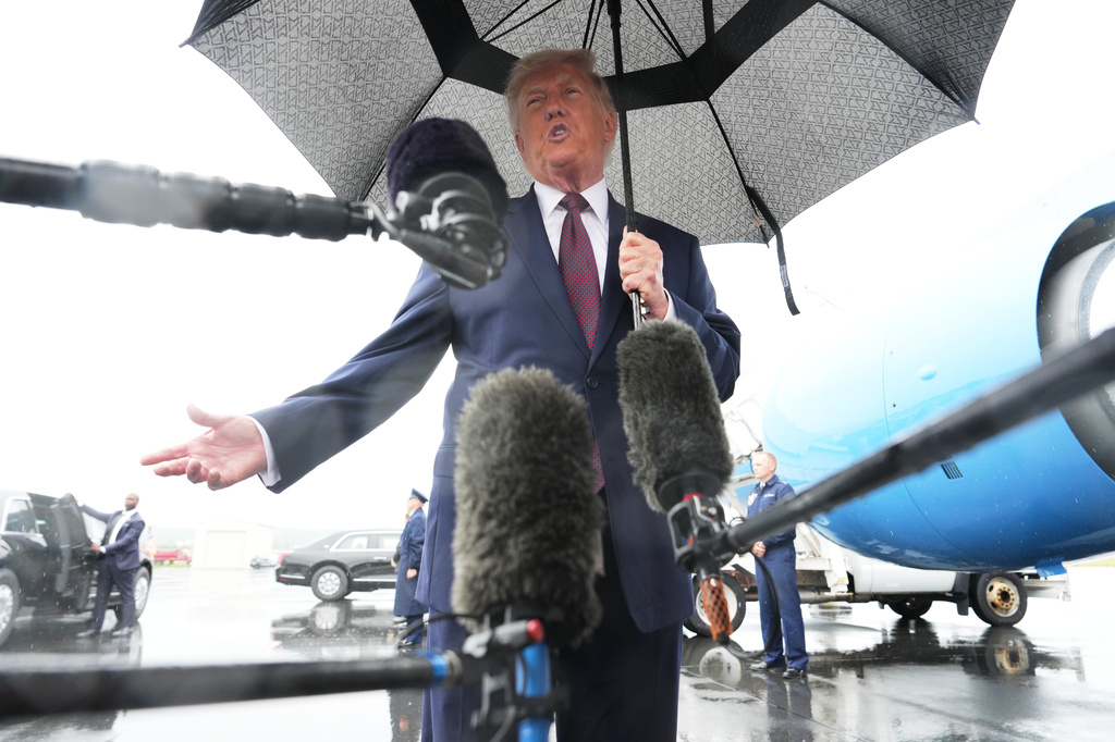 President Donald Trump speaks to the media after disembarking Air Force One at Reading Regional Airport, Tuesday, June 23, 2026, in Reading, Pa. (AP Photo/Julia Demaree Nikhinson)