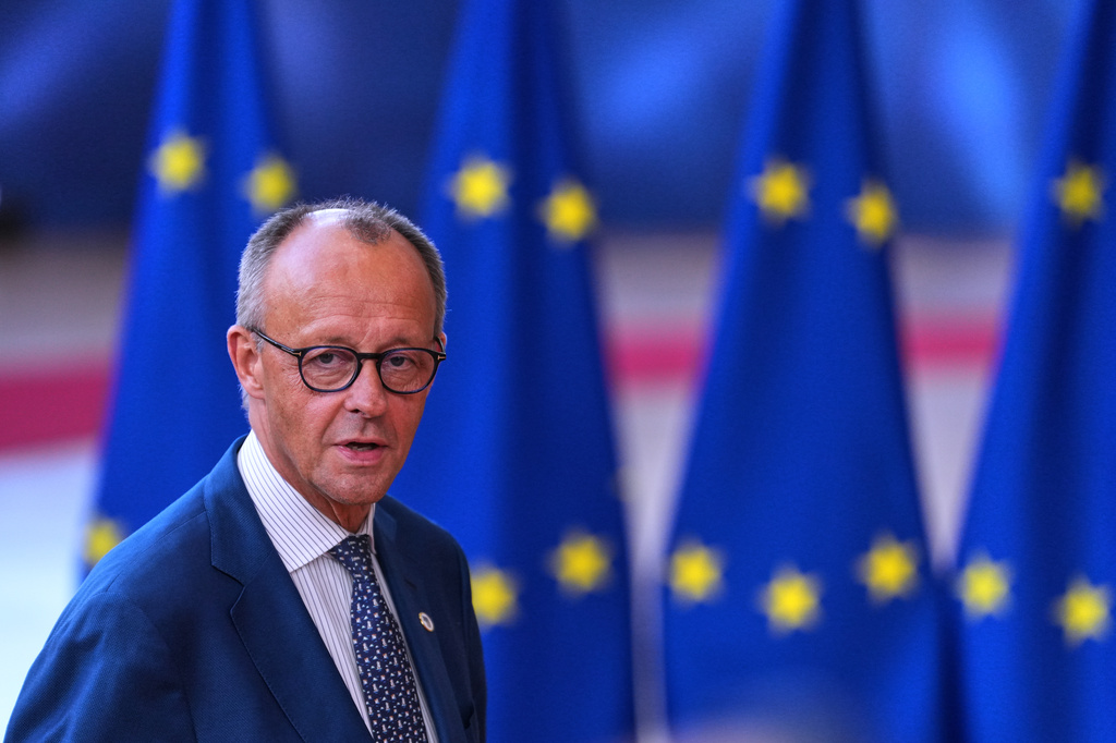 Germany's Chancellor Friedrich Merz arrives for the EU summit in Brussels, Thursday, June 18, 2026. (AP Photo/Marius Burgelman)