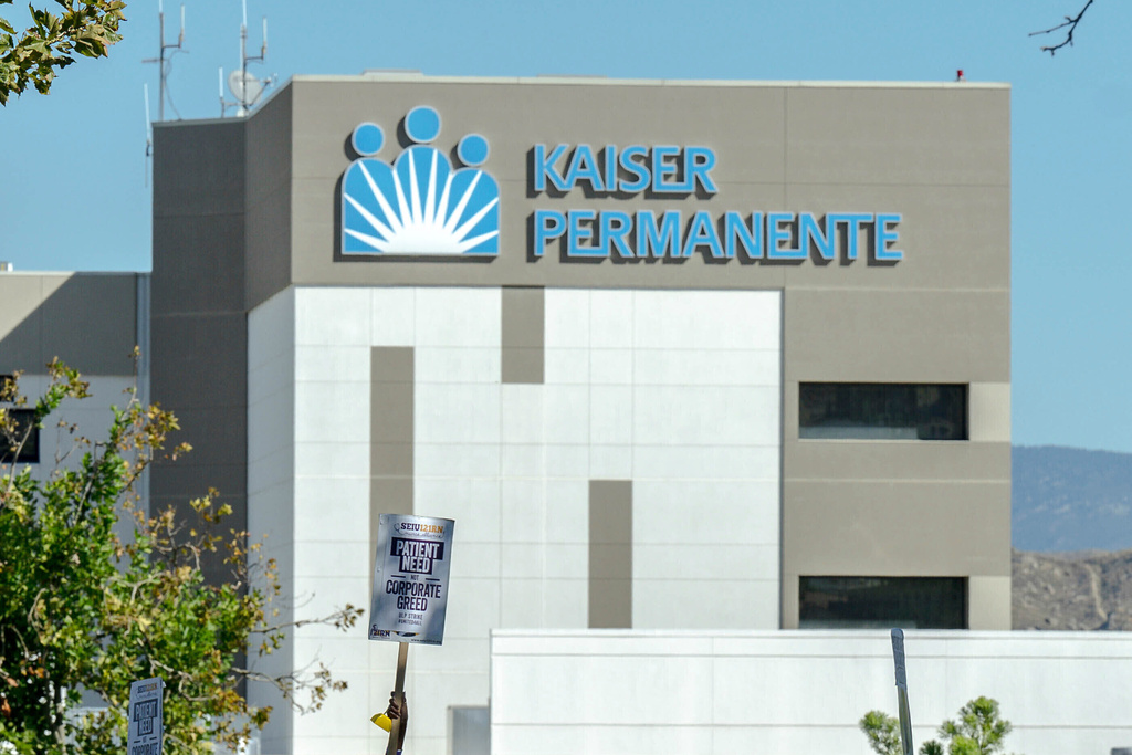 FILE - Kaiser Permanente hospital logo is seen during a nationwide strike, on Oct. 4, 2023, in Moreno Valley, Calif. (Watchara Phomicinda/The Orange County Register via AP, File)
