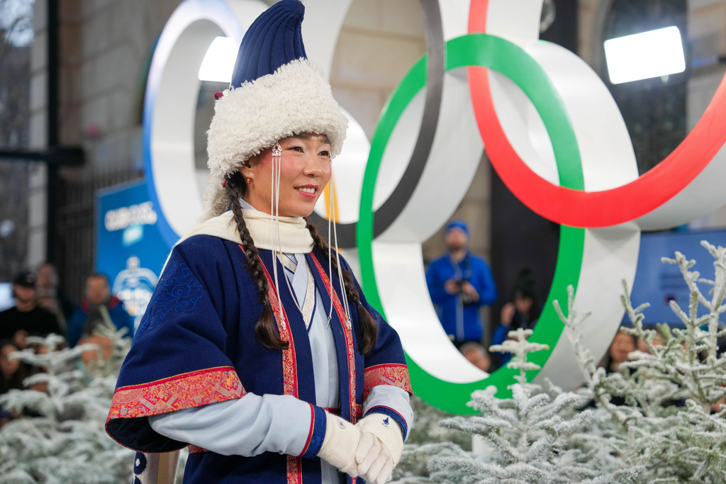 Ariuntungalag Enkhbayar of Mongolia presents an outfit during a fashion show ahead of the 2026 Winter Olympics, in Milan, Italy, Wednesday, Feb. 4, 2026. (Xue Yuge/Pool Photo via AP)