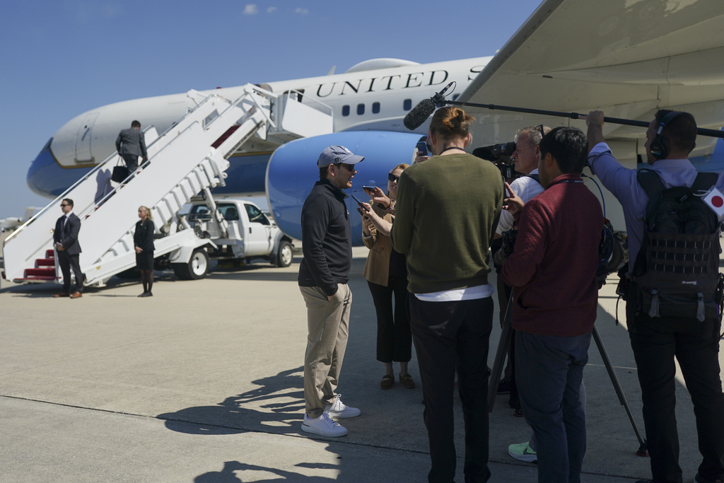 Secretary of State Marco Rubio speaks with members of the media before departing for Israel at Joint Base Andrews, Md., Saturday, Sept. 13, 2025. (Nathan Howard/Pool Photo via AP)