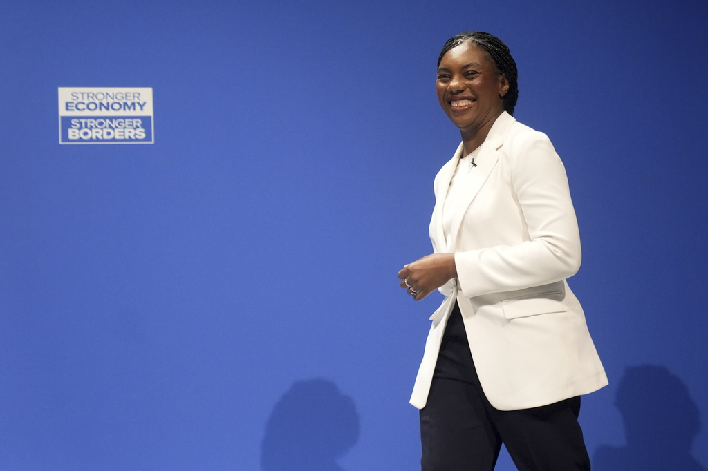 Conservative Party leader Kemi Badenoch during the Conservative Party Conference at the Manchester Central Convention Complex, Manchester, England, Sunday Oct. 5, 2025. (Danny Lawson/PA via AP)