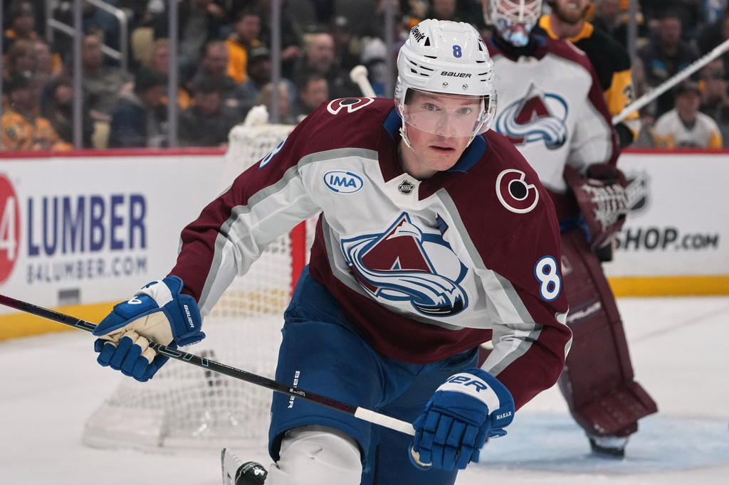 FILE - Colorado Avalanche's Cale Makar (8) skates during the second period of an NHL hockey game against the Pittsburgh Penguins in Pittsburgh, March 24, 2026. (AP Photo/Gene J. Puskar, File)