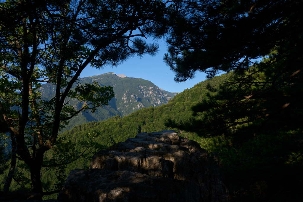 Mount Olympus is seen from the lower slopes of the mountain near Litochoro in northern Greece, Wednesday, July 15, 2026. (AP Photo/Petros Giannakouris)
