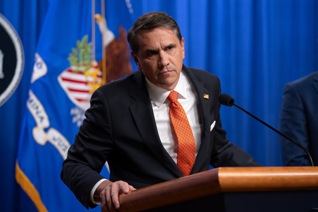 Acting Attorney General Todd Blanche holds a news conference regarding developments in the Trump Administration's anti-fraud efforts, at the Justice Department in Washington, Tuesday, April 7, 2026. (AP Photo/J. Scott Applewhite)