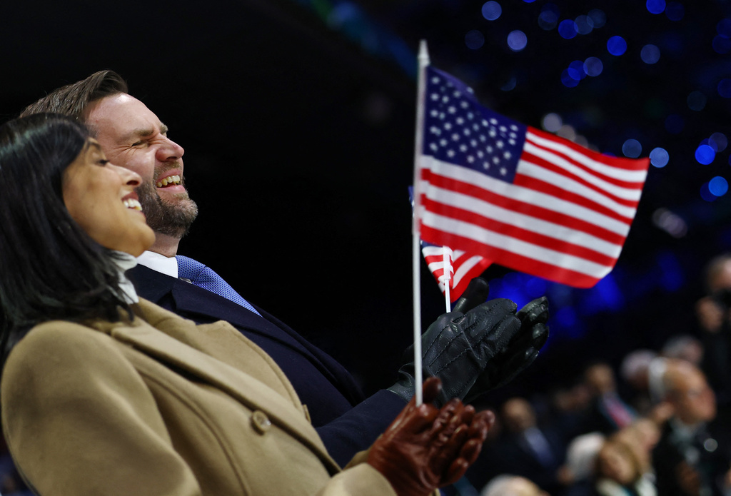 US Vice president JD Vance and second lady Usha Vance attend the Olympic opening ceremony at the 2026 Winter Olympics in Milan, Italy, Friday, Feb. 6, 2026. (Susana Vera/Pool Photo via AP)
