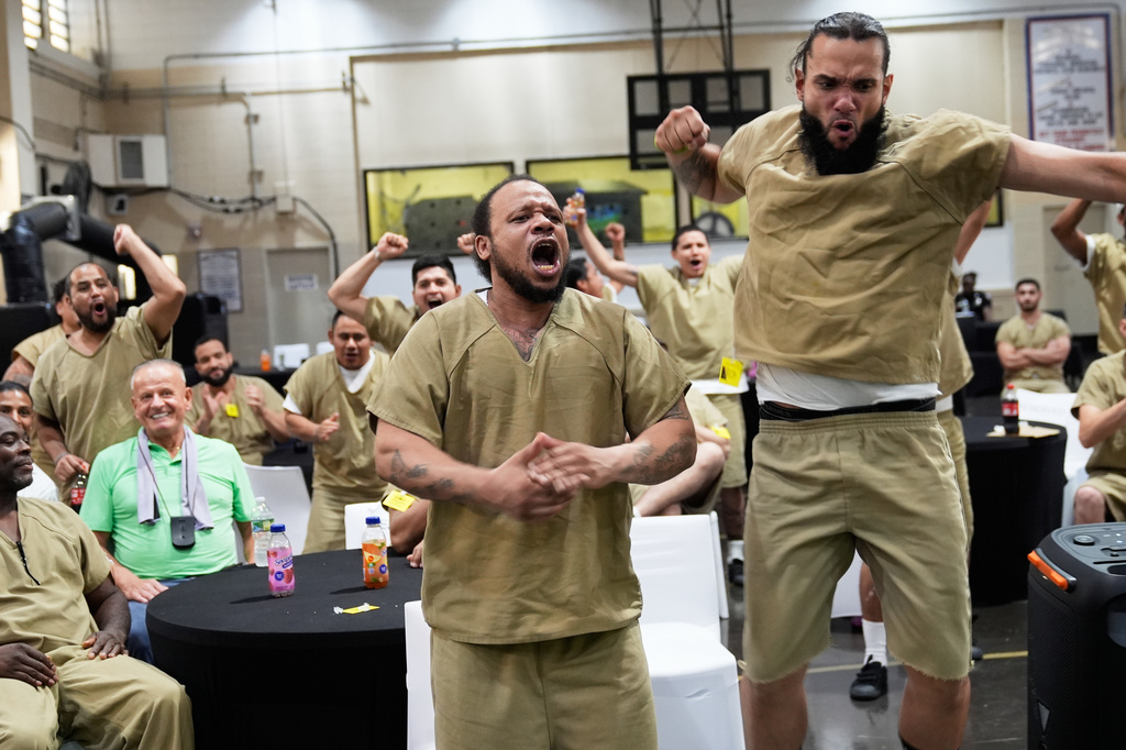 Rikers Island inmates watch the World Cup semifinal soccer match between England and Argentina, at the jail complex in New York, Wednesday, July 15, 2026. (AP Photo/Seth Wenig)