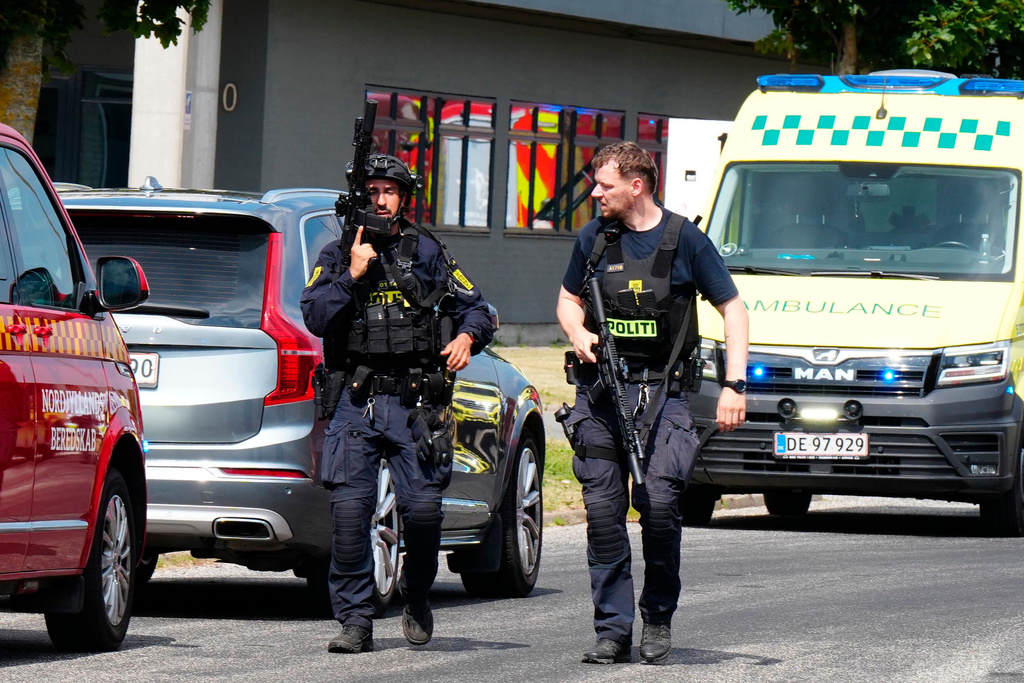 Police respond to the scene of a shooting in Nørresundby, in the North Jutland region in northern Denmark, Friday, July 17, 2026. (Henning Bagger/Ritzau Scanpix via AP)