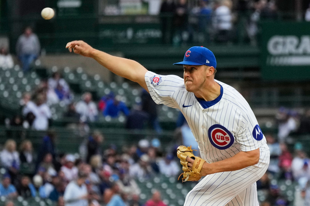Chicago Cubs starting pitcher Jameson Taillon throws against the Cincinnati Reds during the first inning of a baseball game in Chicago, Tuesday, May 5, 2026. (AP Photo/Nam Y. Huh)