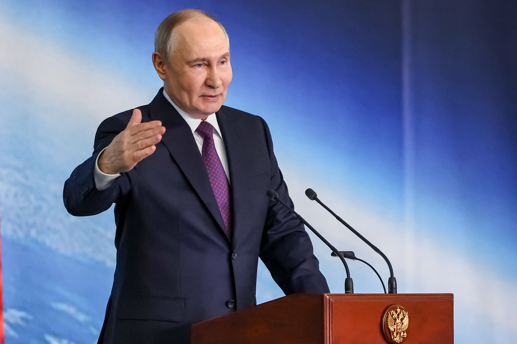 Russian President Vladimir Putin speaks at the awarding ceremony for the Order "For Valiant Labor" to employees of the Moscow Institute of Thermal Technology, part of the Roscosmos state space corporation, in Moscow, Wednesday, May 13, 2026. (Vyacheslav Prokofyev/Sputnik, Kremlin Pool Photo via AP)