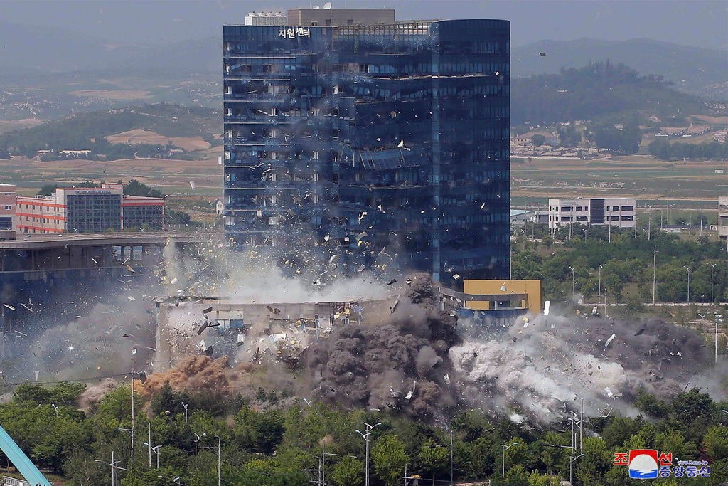 FILE - This photo provided by the North Korean government shows the demolition of an inter-Korean liaison office building in Kaesong, North Korea on June 16, 2020. Independent journalists were not given access to cover the event depicted in this image distributed by the North Korean government. The content of this image is as provided and cannot be independently verified. Korean language watermark on image as provided by source reads: "KCNA" which is the abbreviation for Korean Central News Agency. (Korean Central News Agency/Korea News Service via AP, File)