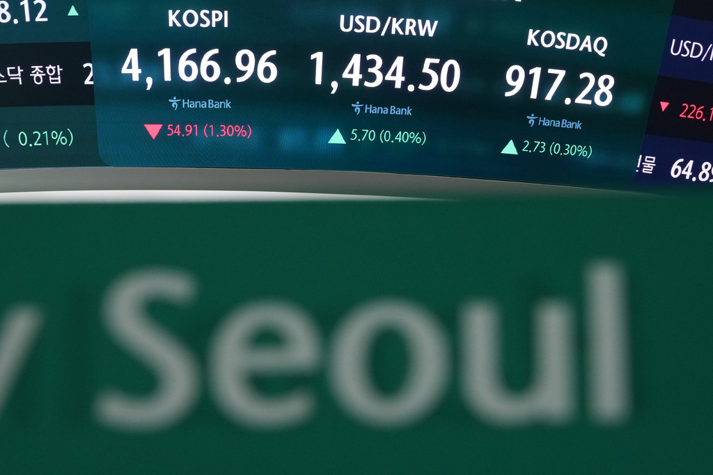 The screens showing the Korea Composite Stock Price Index (KOSPI), the foreign exchange rate between U.S. dollar and South Korean won and the Korean Securities Dealers Automated Quotations (KOSDAQ) are seen at a dealing room of Hana Bank in Seoul, South Korea, Tuesday, Nov. 4, 2025. (AP Photo/Lee Jin-man)