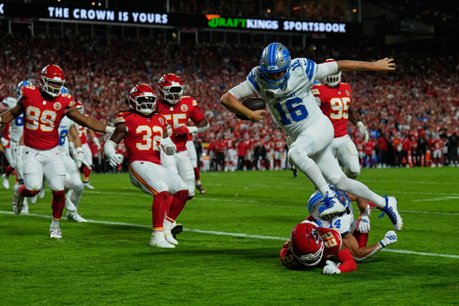Detroit Lions quarterback Jared Goff (16) runs into the end zone over Kansas City Chiefs cornerback Trent McDuffie (22) on a play that was nullified after Goff was called for illegal motioin on the play during the first half of an NFL football game Sunday, Oct. 12, 2025, in Kansas City, Mo. (AP Photo/Charlie Riedel) Detroit Lions quarterback Jared Goff (16) runs into the end zone over Kansas City Chiefs cornerback Trent McDuffie (22) on a play that was nullified after Goff was called for illegal motioin on the play during the first half of an NFL football game Sunday, Oct. 12, 2025, in Kansas City, Mo. (AP Photo/Charlie Riedel)