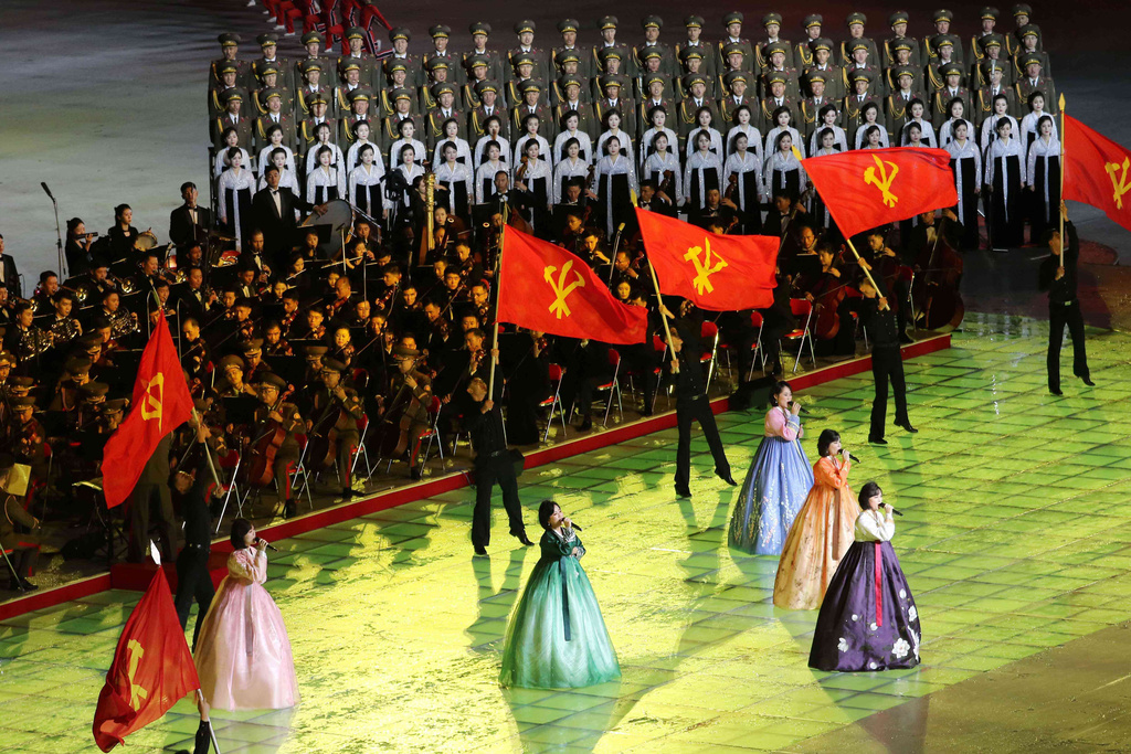 People perform during the ceremony marking the 80th anniversary of the founding of the ruling Workers' Party at the May Day Stadium in Pyongyang, North Korea, Thursday, Oct. 9, 2025. (AP Photo/Jon Chol Jin)