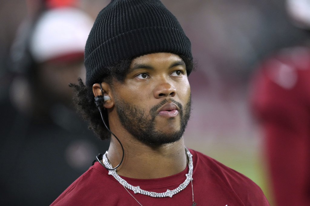 Arizona Cardinals quarterback Kyler Murray watches from the sidelines during the first half of an NFL preseason football game, Saturday, Aug. 23, 2025, in Glendale. (AP Photo/Ross D. Franklin)