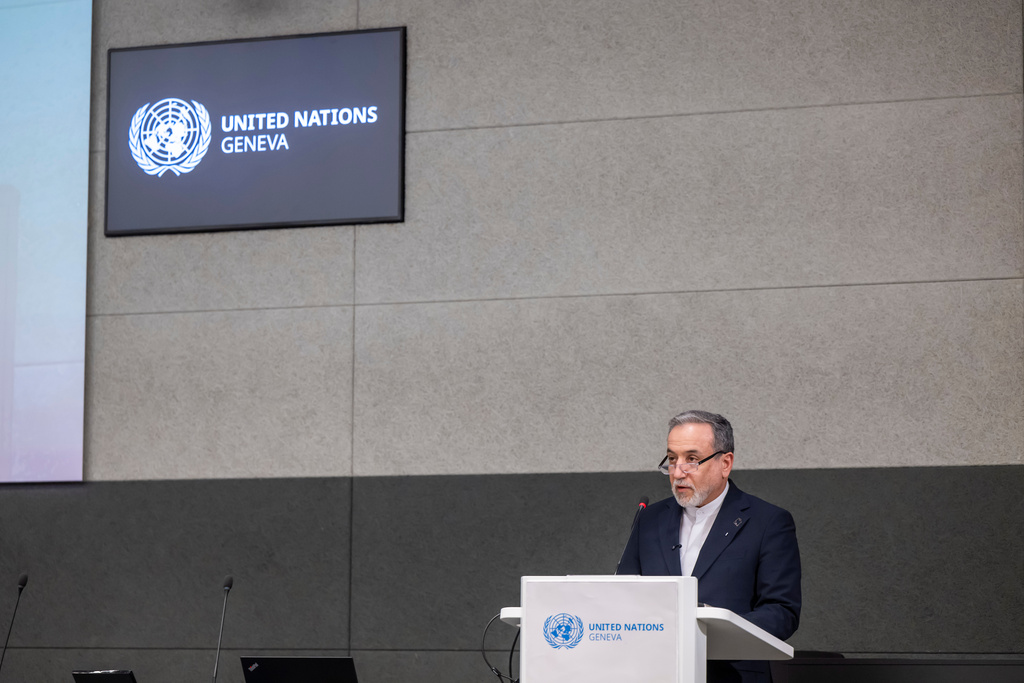 Iranian Foreign Minister Abbas Araghchi, speaks during the Conference on Disarmament, at the European headquarters of the United Nations in Geneva, Switzerland, Tuesday, Feb. 17, 2026. (Martial Trezzini/Keystone via AP)