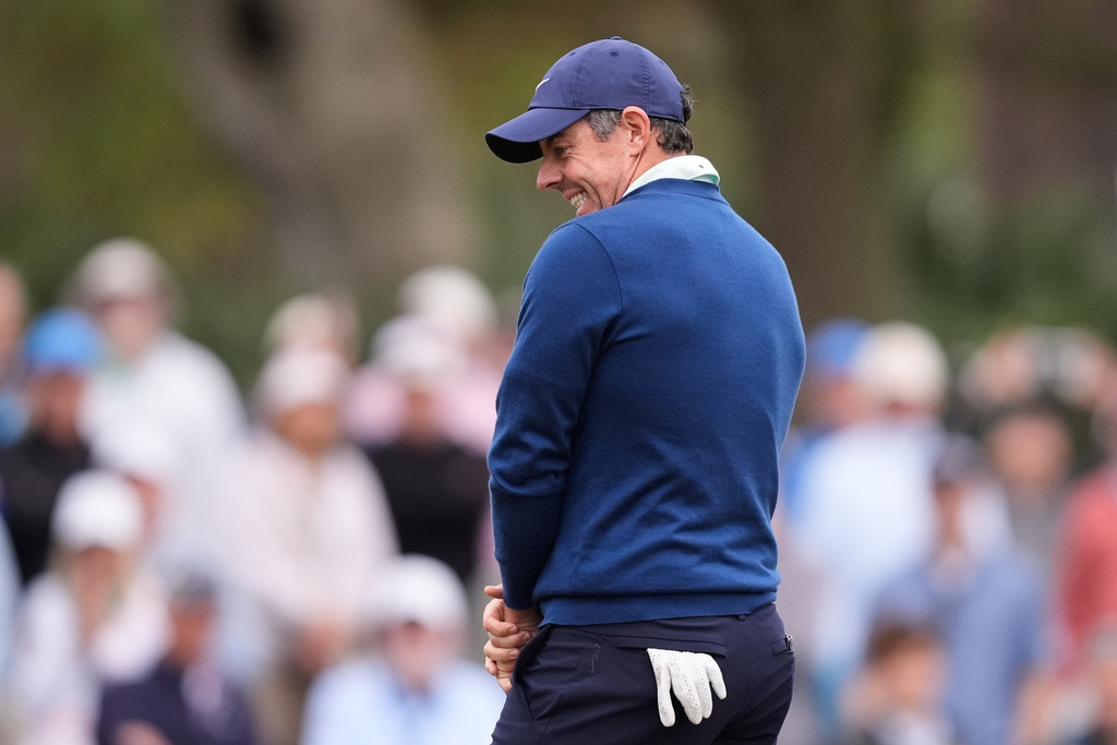 Rory McIlroy of Northern Ireland reacts to his putt on the 11th green during the second round of The Players Championship golf tournament Friday, March 13, 2026, in Ponte Vedra Beach, Fla. (AP Photo/Gerald Herbert)